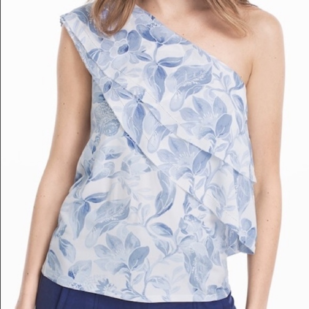 White House Black Market tiered, blue/white, one shoulder top, sz. S, NWT